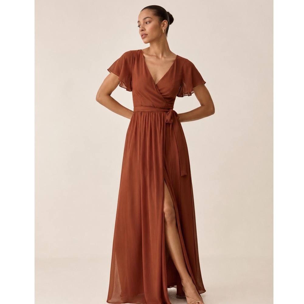 REVELRY Harper Chiffon Faux Wrap Dress RUST WOMEN 4 MAXI FAUX WRAP FLUTTER